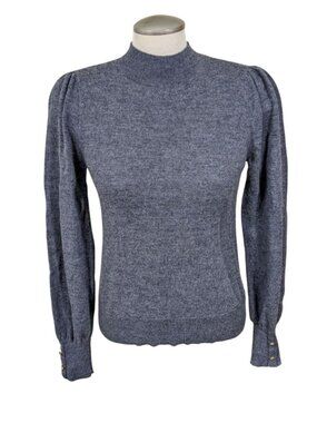 Womens Mock Neck Sweater Extra Fine Merino Wool Gray Gold Button Cuffs 90s